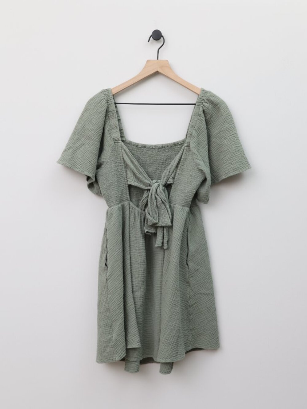 Madewell Lightspun Lucie Smocked Tie-Back Mini Dress Sage Green Large - Picture 3 of 4